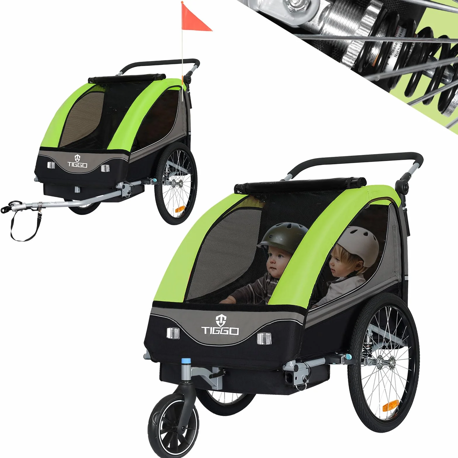 Tiggo S2 Remorque pour Enfants 2 en 1 Velo Suspension 5 Points Ceinture de securite 360° Roue Jogger Poussette