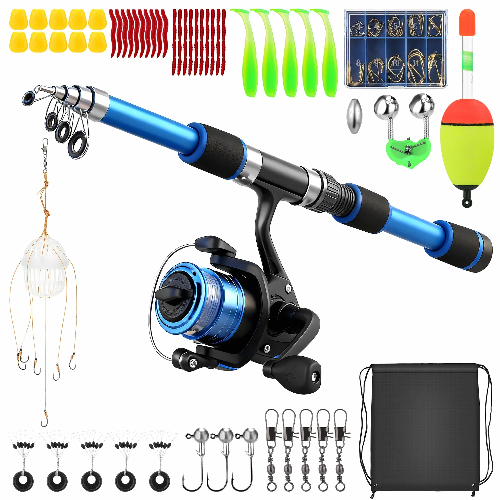 Canne à Pêche Enfant Kit Télescopique avec Moulinet Portable Leurres Souples Fil Hameçons Sac Rangement