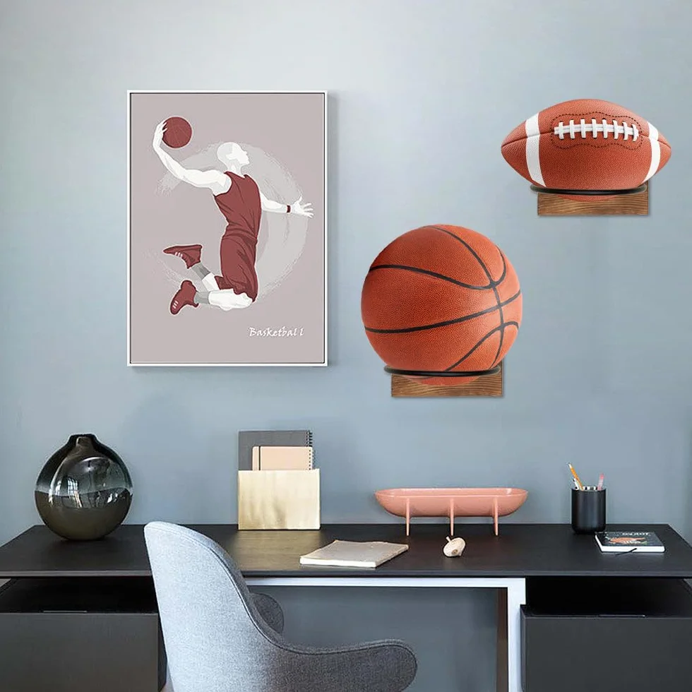 Support de Balle Métal Noir Mural pour Ballon de Sport Football, Basket-Ball, Rugby, Volleyball