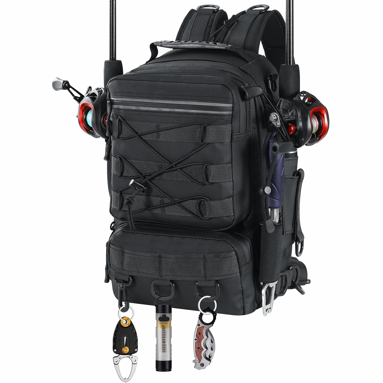 MoKo Sac à dos de pêche imperméable avec support canne, rangement accessoires nylon, camping, chasse, Noir