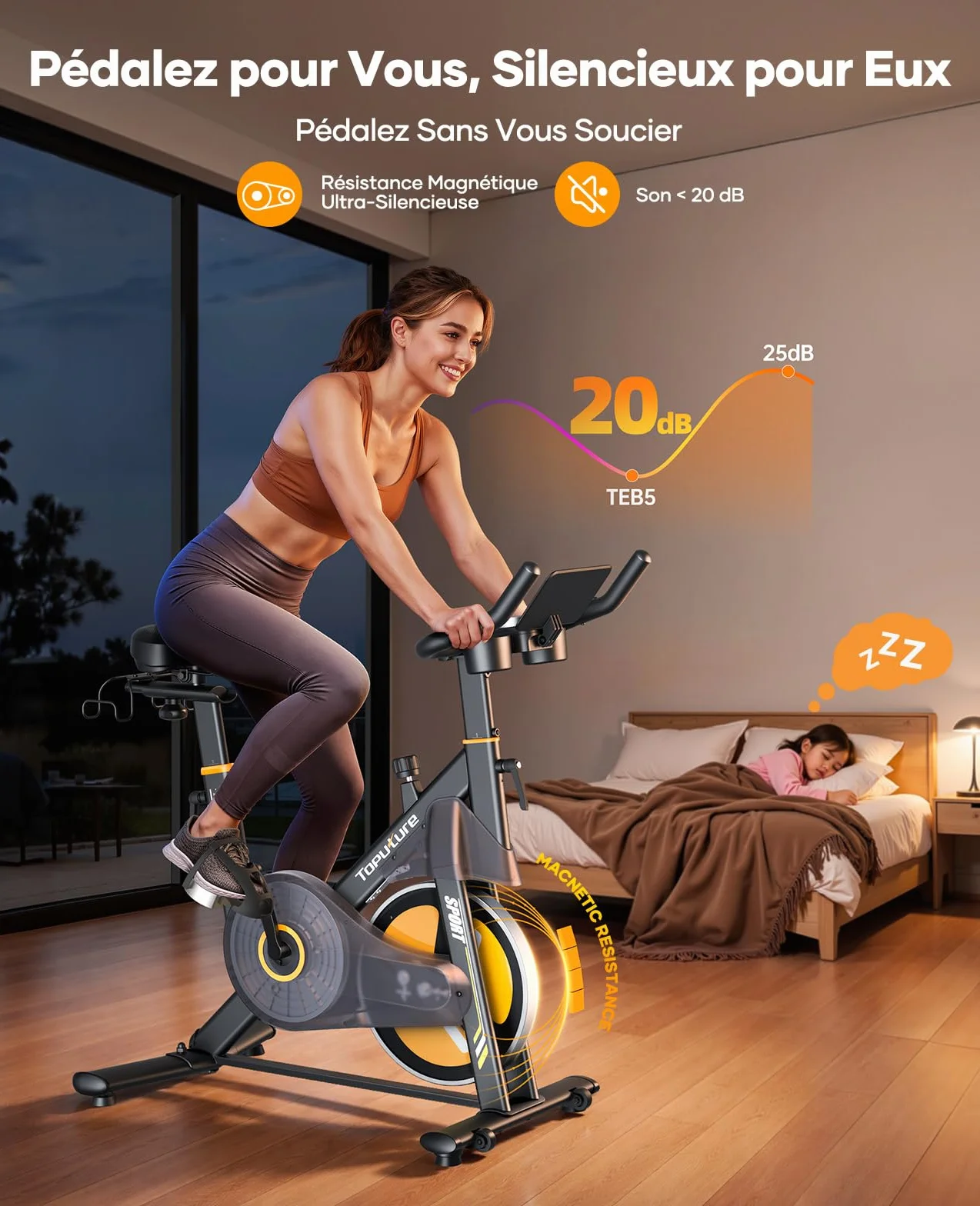 TOPUTURE Vélo d'Appartement Silencieux Résistance Magnétique Électrique 32 Niveaux Écran Tactile App Capteur Cardiaque Support Haltères 150kg