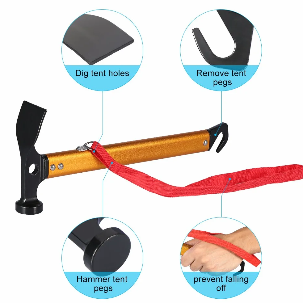 Marteau de camping en alliage d'aluminium portable, marteau de piquet de tente avec extracteur (Or)
